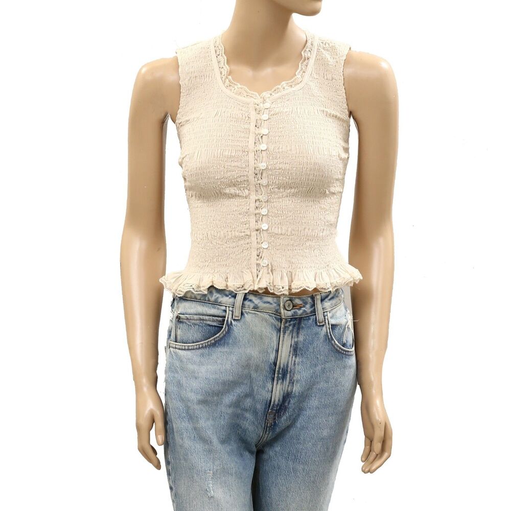 Free People Ruffle Lace Buttondown Smocked Blouse Top Sleeveles Cotton XS 287420